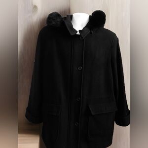 London Fog Black Wool Hooded Coat with Removable Fur Collar